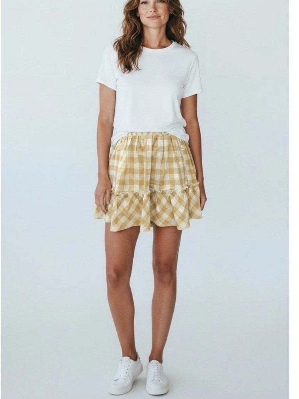 Promesa Gingham Chocolate & Cream Ruffle Mini Skirt. Size S & L